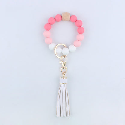 Silicone Beaded Wristlet Keychain with Wooden Beads and Leather Tassel 8cm 7