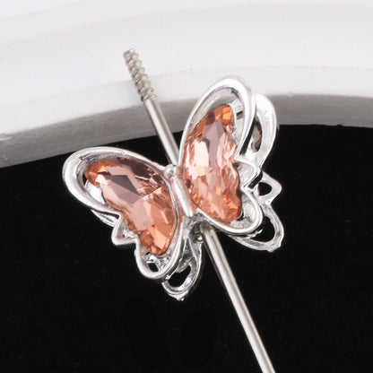 Butterfly Metal Beads 26mm Double-Sided Crystal Glass Embedded 3pcs 8