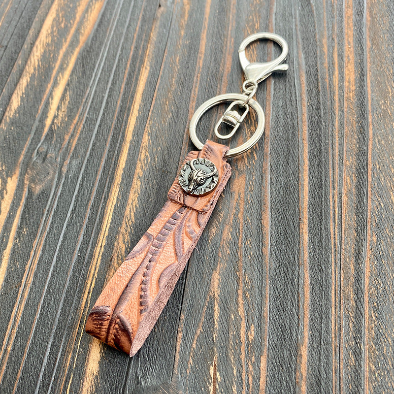 Vintage Embossed Leather Lanyard Keychain Genuine Cowhide 14cm 2pcs 8