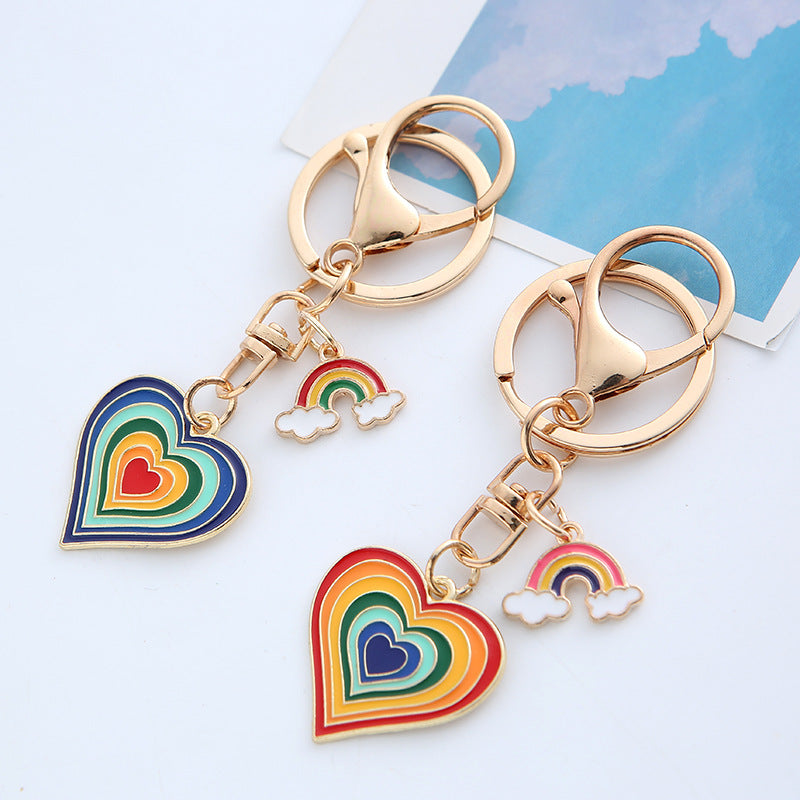 Rainbow Heart Keychain Metal Alloy Gold Tone with Rainbow Cloud Charm