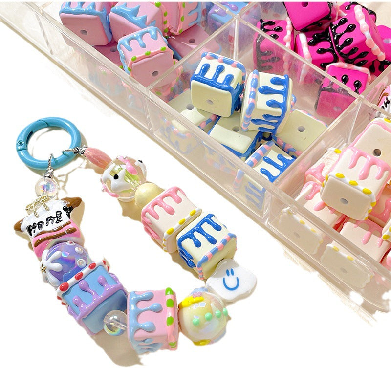 Painted Square Acrylic Beads 2.7mm Hand Drawn Cream Cake Design 6