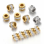 Stainless Steel Tube Metal Beads 7mm Rhinestone Embeded 10pcs