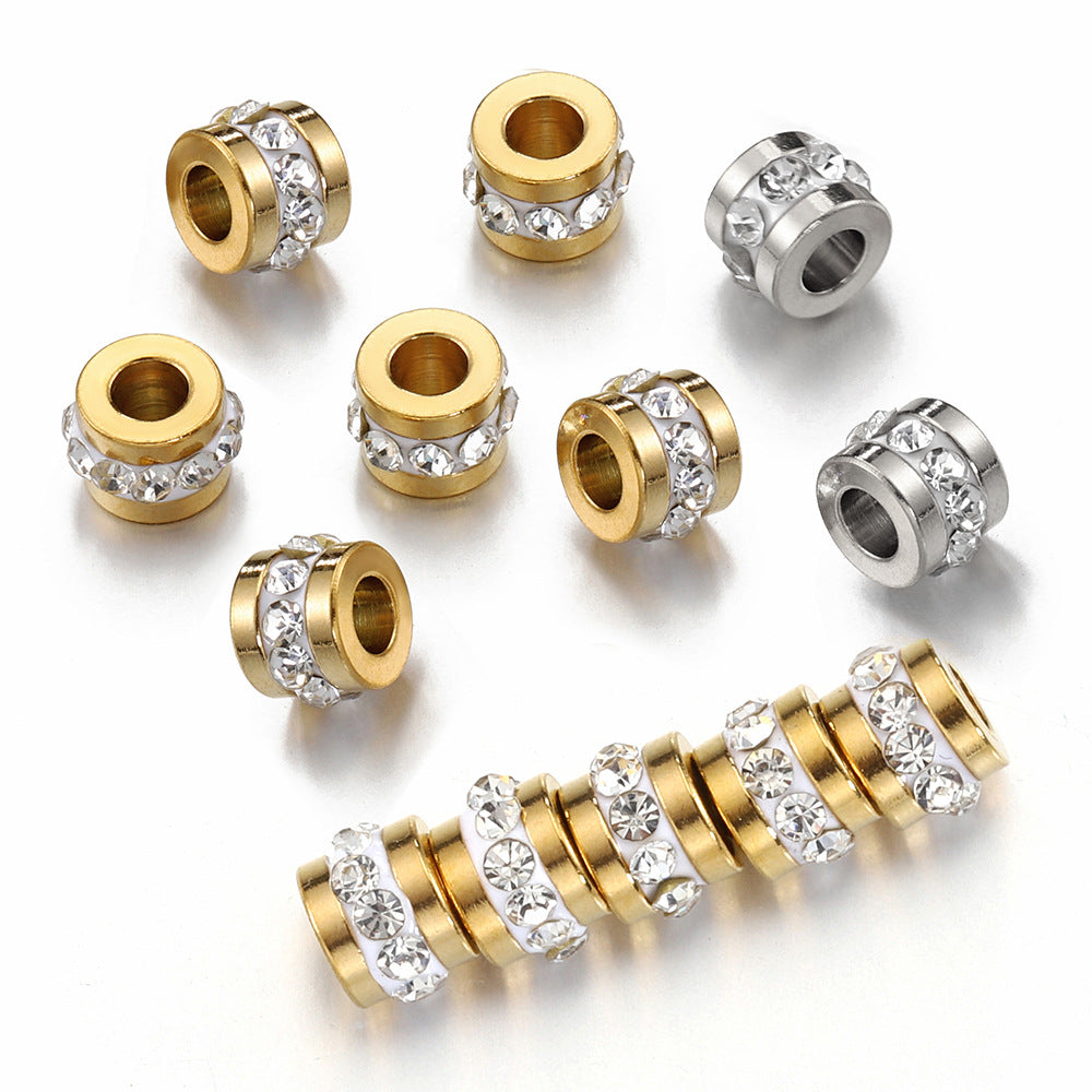 Stainless Steel Tube Metal Beads 7mm Rhinestone Embeded 10pcs