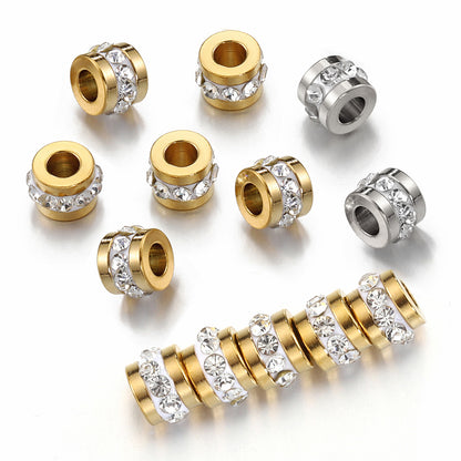 Stainless Steel Tube Metal Beads 7mm Rhinestone Embeded 10pcs