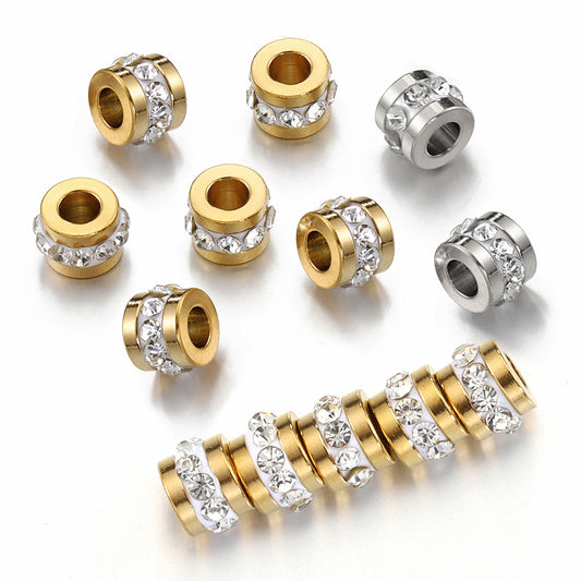 Stainless Steel Tube Metal Beads 7mm Rhinestone Embeded 10pcs
