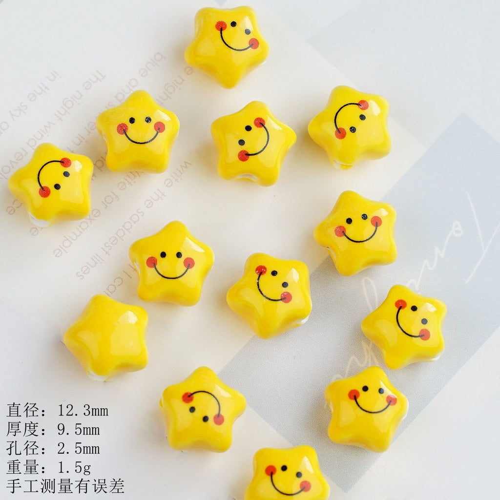 Smiley Star Ceramic Beads 12mm Glazed Multicolor 10pcs 4