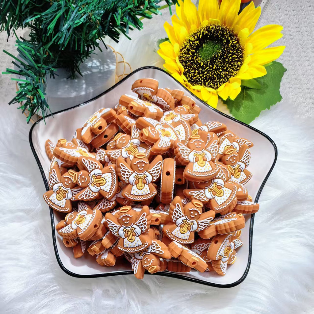 Silicone Focal Beads Gingerbread Man Angel White Wings 20pcs