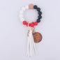 Silicone Bead Wristlet Keychain with Wood Tag and Leather Tassel MAMA 8