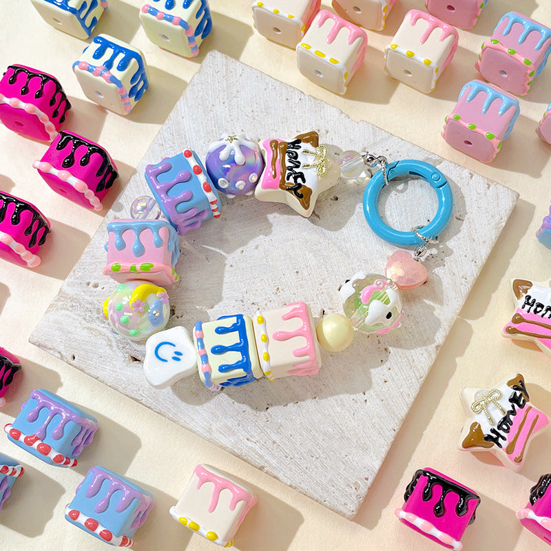 Painted Square Acrylic Beads 2.7mm Hand Drawn Cream Cake Design