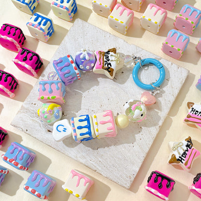 Painted Square Acrylic Beads 2.7mm Hand Drawn Cream Cake Design