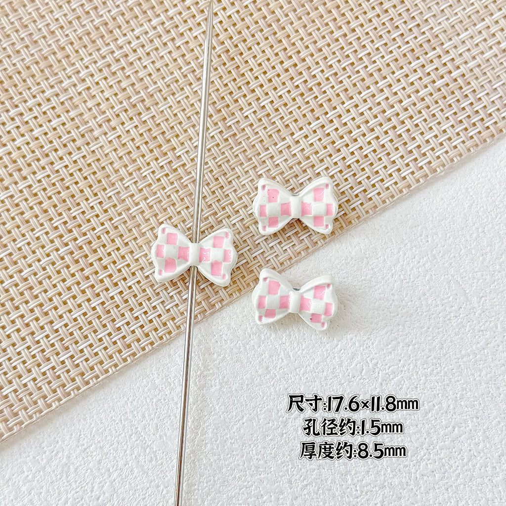 Bow Metal Beads 17mm Baking Painted Checkered Pattern 10pcs 4