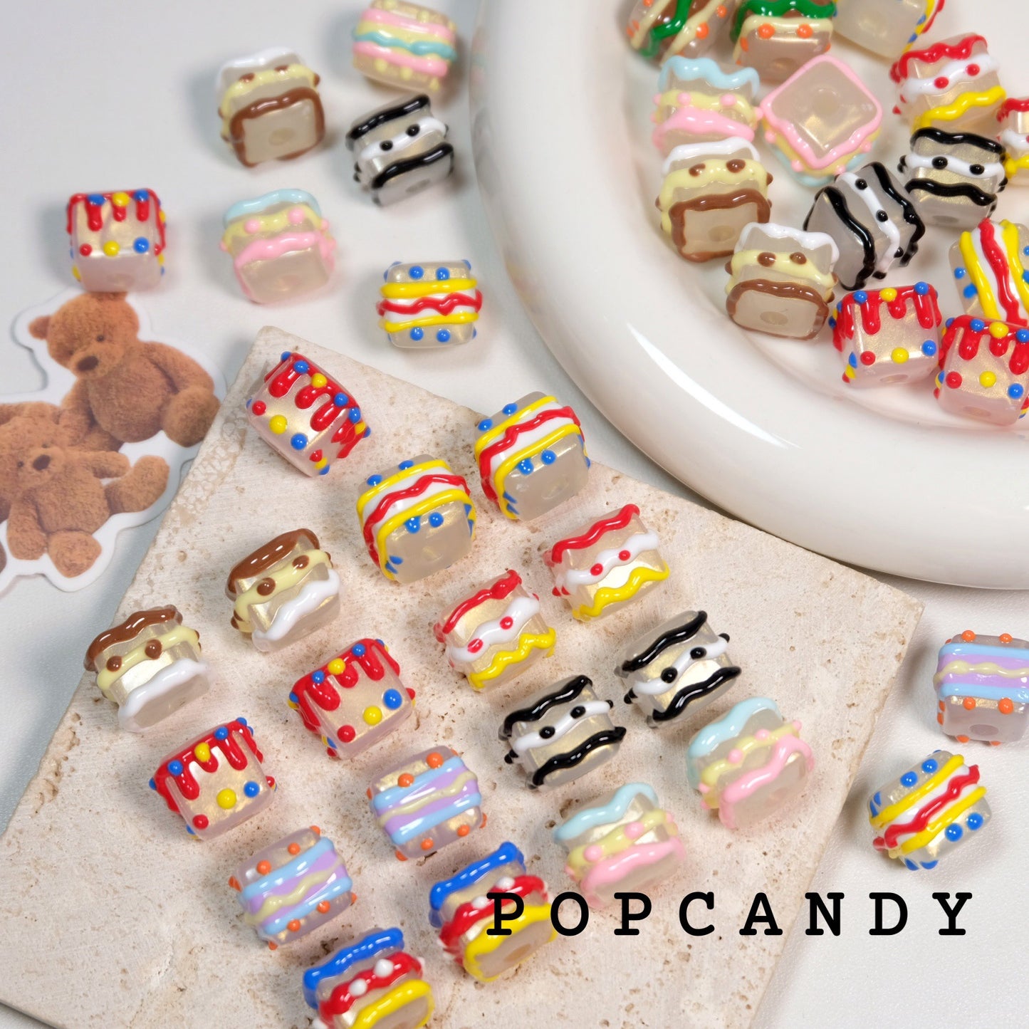Hand Painted Square Acrylic Beads 12-14mm Colorful Enamel 10pcs 11
