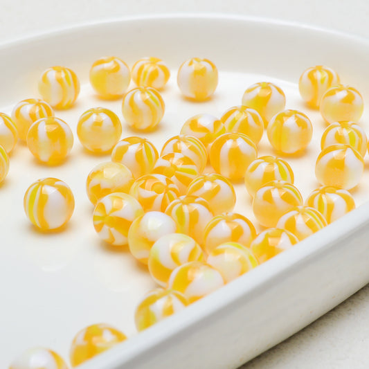 Japanese Candy Striped Resin Beads 10mm Glossy Yellow White 30pcs