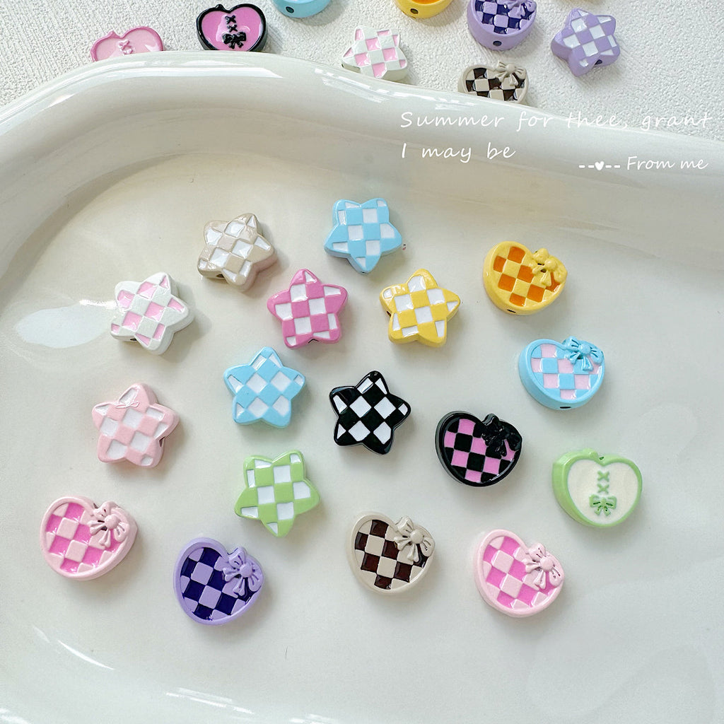 Star and Heart Metal Beads 13mm Baking Painted Houndstooth 10pcs 2
