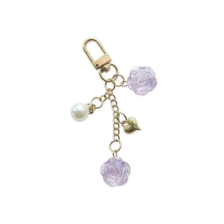 Resin Lavender Rose Keychain with Pearl and Gold Heart Charm