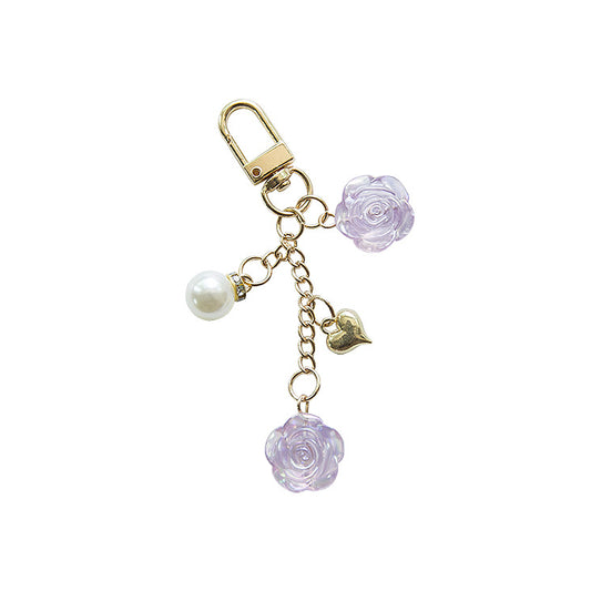 Resin Lavender Rose Keychain with Pearl and Gold Heart Charm