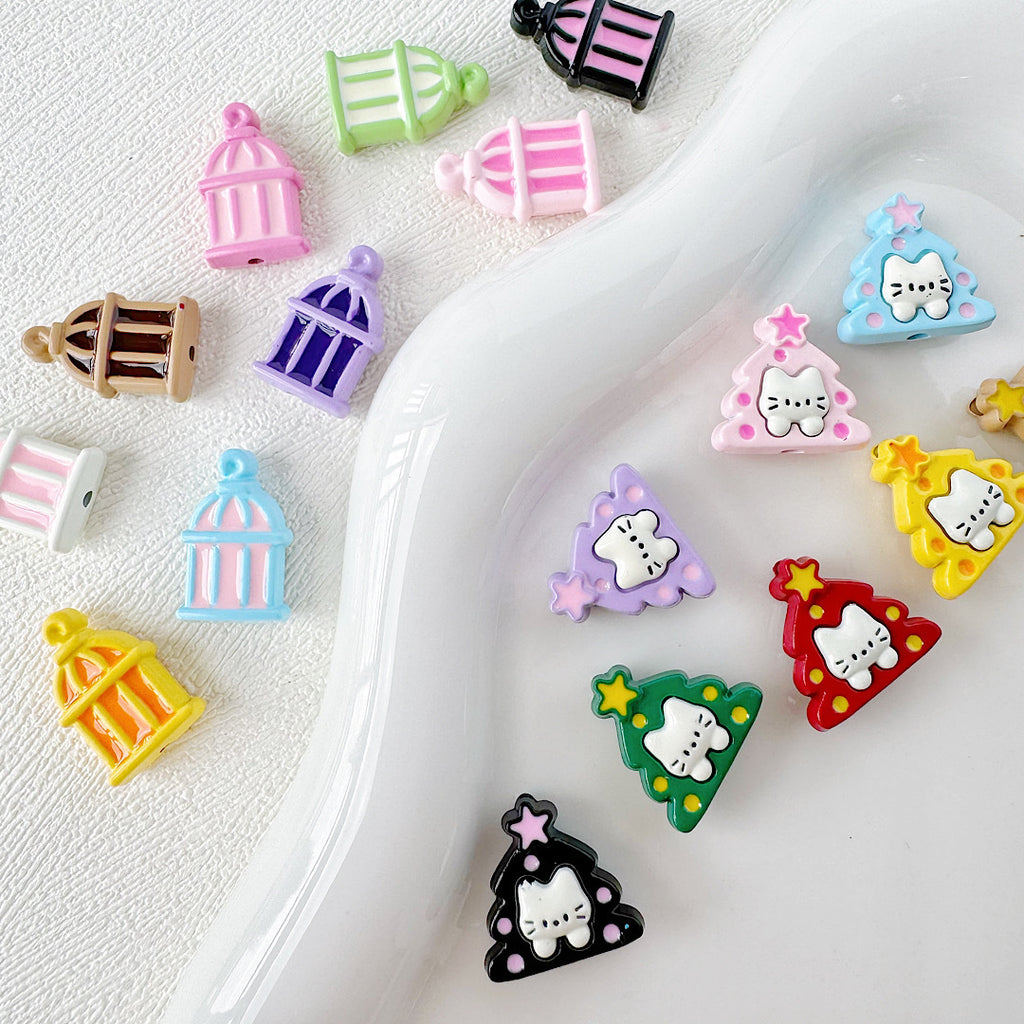 Christmas Tree and Birdcage Metal Beads 13-16mm Baking Painted 10pcs 2