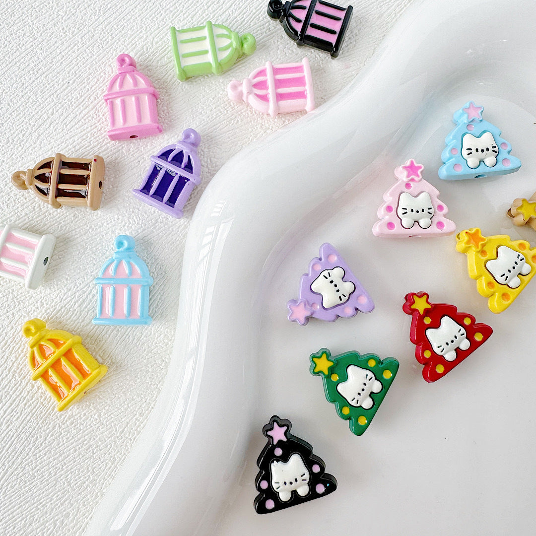 Christmas Tree and Birdcage Metal Beads 13-16mm Baking Painted 10pcs 2