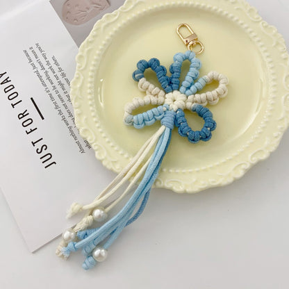 Crochet Flower Keychain Variegated Cotton Cord Pearl Tassels 24cm 7