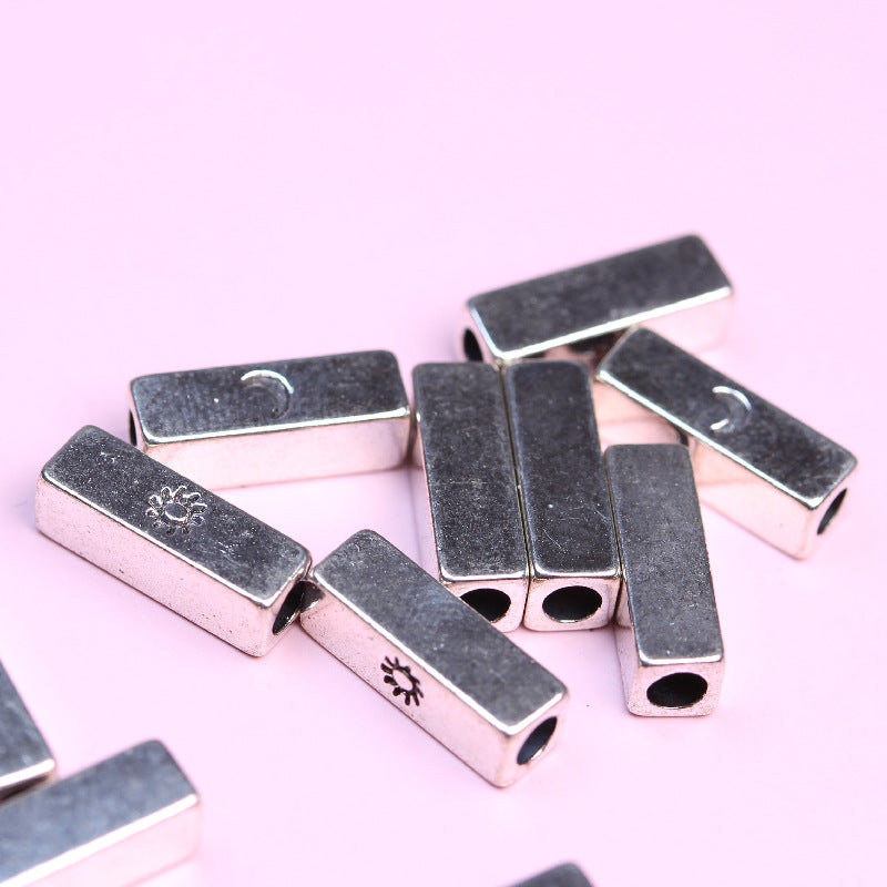 Tube Metal Beads 14x4.6x2.8mm Sun and Moon Silver Tone 200pcs 2
