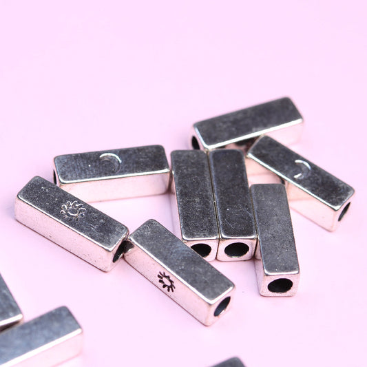Tube Metal Beads 14x4.6x2.8mm Sun and Moon Silver Tone 200pcs 2