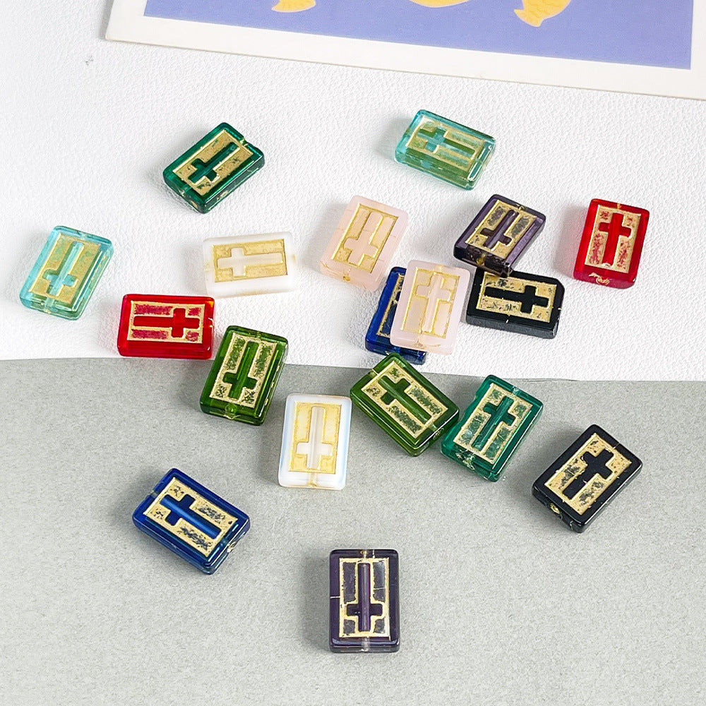 Vintage Cross Lampwork Glass Beads 17mm Gilded Rectangular 50pcs 2