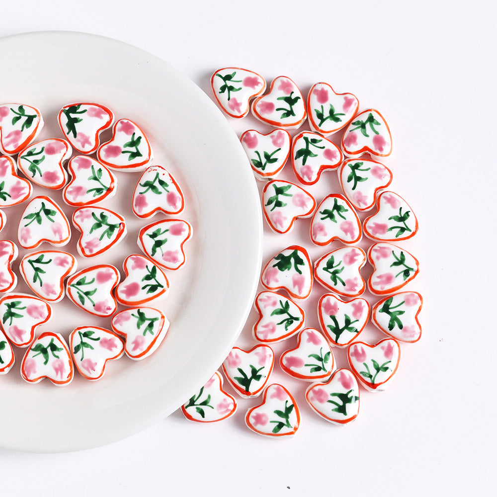 Fresh Floral Heart Ceramic Beads 15mm Hand Painted 5pcs 7
