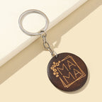 Wooden Round Floral Engraved MAMA Keychain Coffee Brown 4