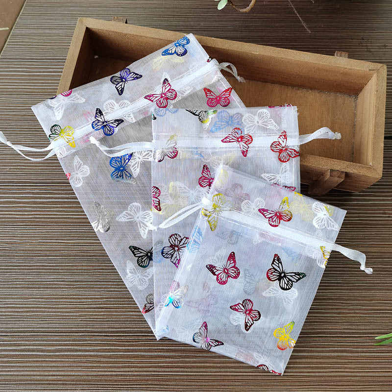 Organza Drawstring Bags Metallic Butterfly Puppy Paw Pattern 10pcs 4