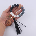 Silicone Bead Wristlet Keychain with Wood Tag and Leather Tassel MAMA 3