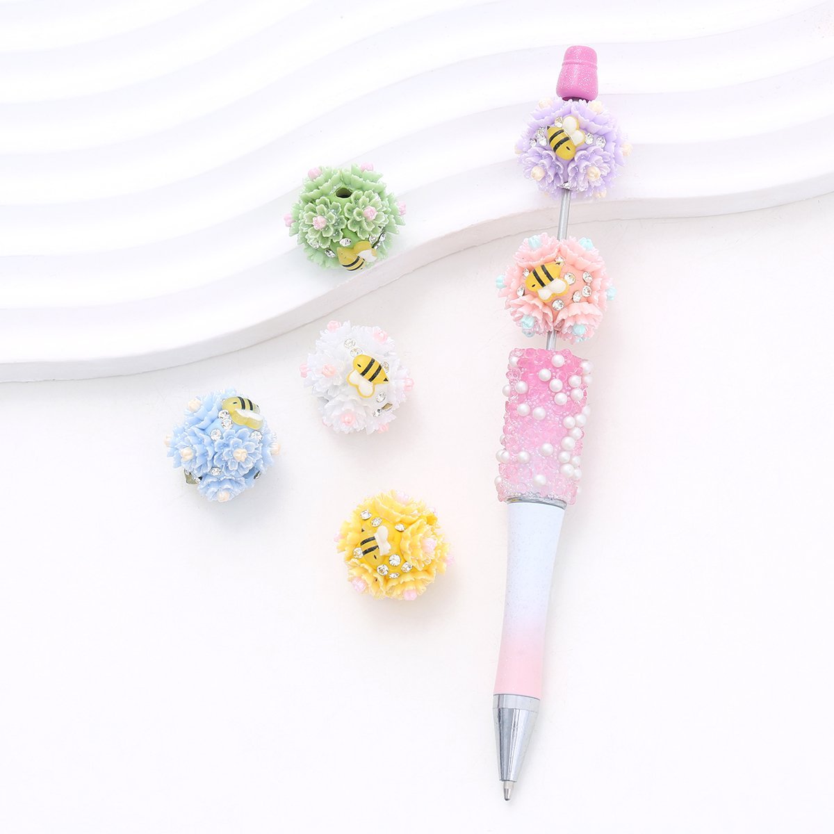 Floral Bubblegum Beads 23mm Bee Flower Ball Resin Rhinestone 3pcs 3
