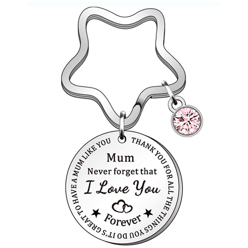 Stainless Steel Mum Round Keychain Star Ring Pink Crystal Charm 5