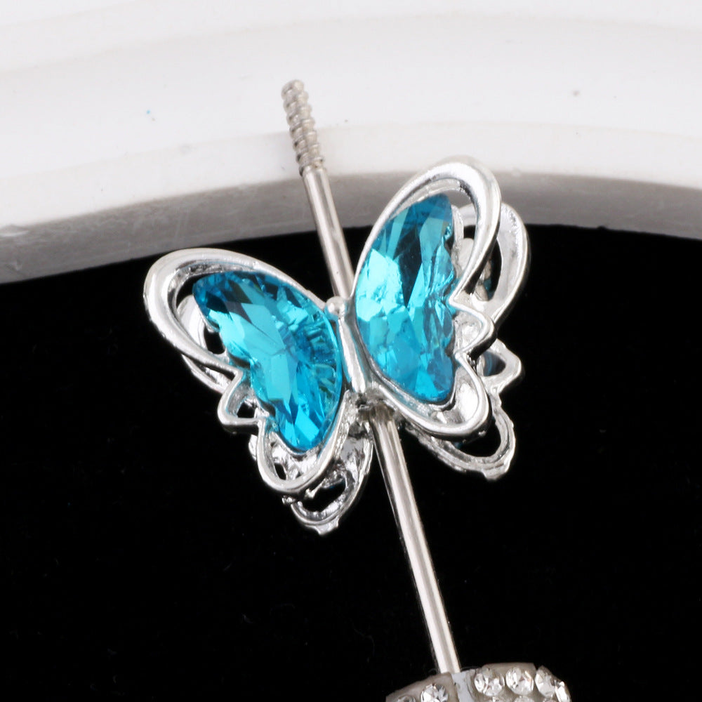 Butterfly Metal Beads 26mm Double-Sided Crystal Glass Embedded 3pcs 6