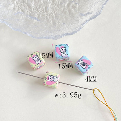 Printed Square Acrylic Beads 14-15mm Dinosaur Cat Graffiti 50pcs 7