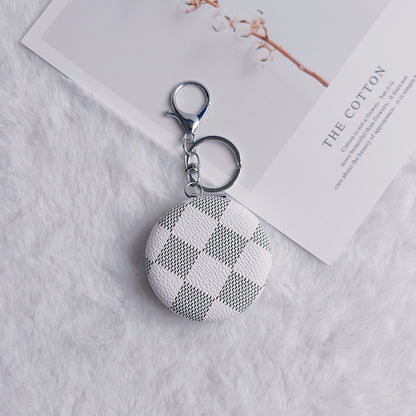 Plaid Pattern PU Leather Round Mirror Keychain Gold Clasp 2pcs 7