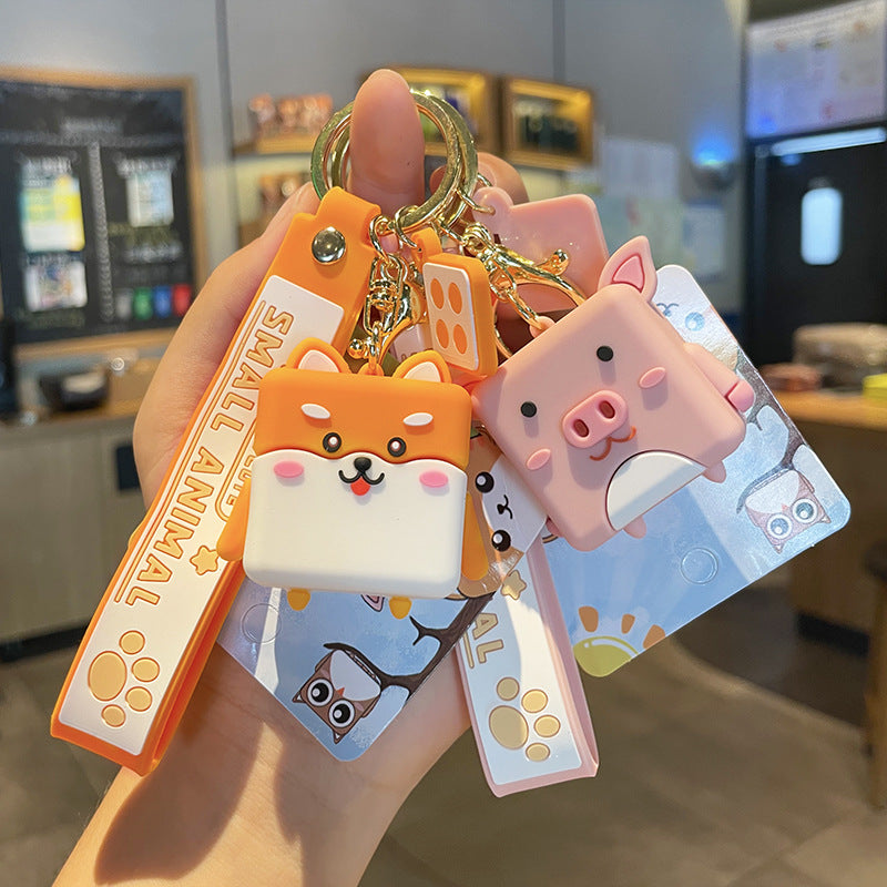 PVC Rubber Cube Animal Keychain with Leather Rope Dog Cat Owl Piggy