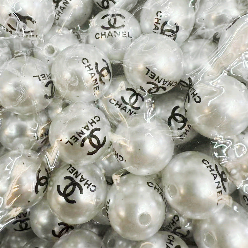 Pearl Acrylic Beads 16mm Imitation White Black Logo Printed 100pcs 3