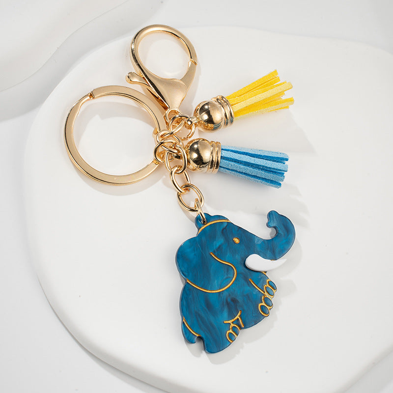 Metal Elephant Keychain Blue Marble Finish with Golden Tassels