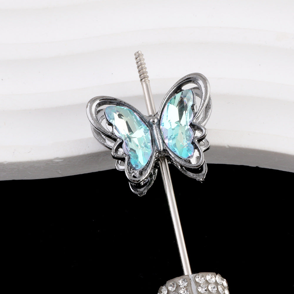 Butterfly Metal Beads 26mm Double-Sided Crystal Glass Embedded 3pcs 10