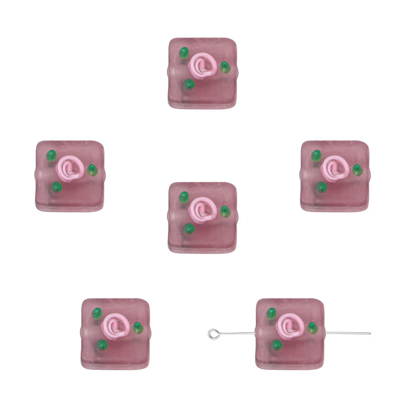 Frosted Square Glass Beads 12mm Hand-Painted Rose Design 4pcs 10