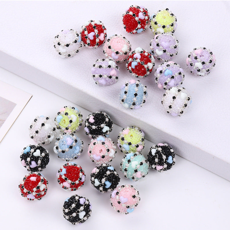 Embellished Bubblegum Beads 16mm Heart Embedded Rhinestone 10pcs