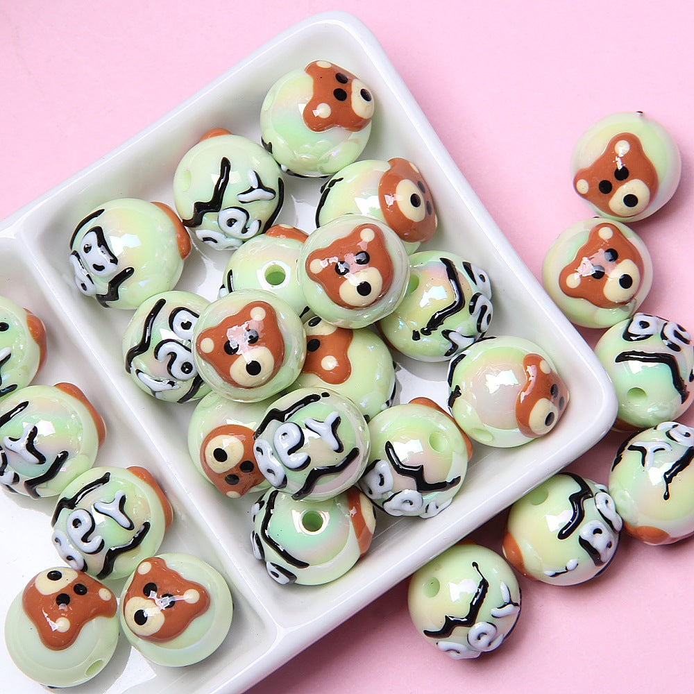 Hand Painted Bear Acrylic Beads 16mm Glossy Single Piece 4