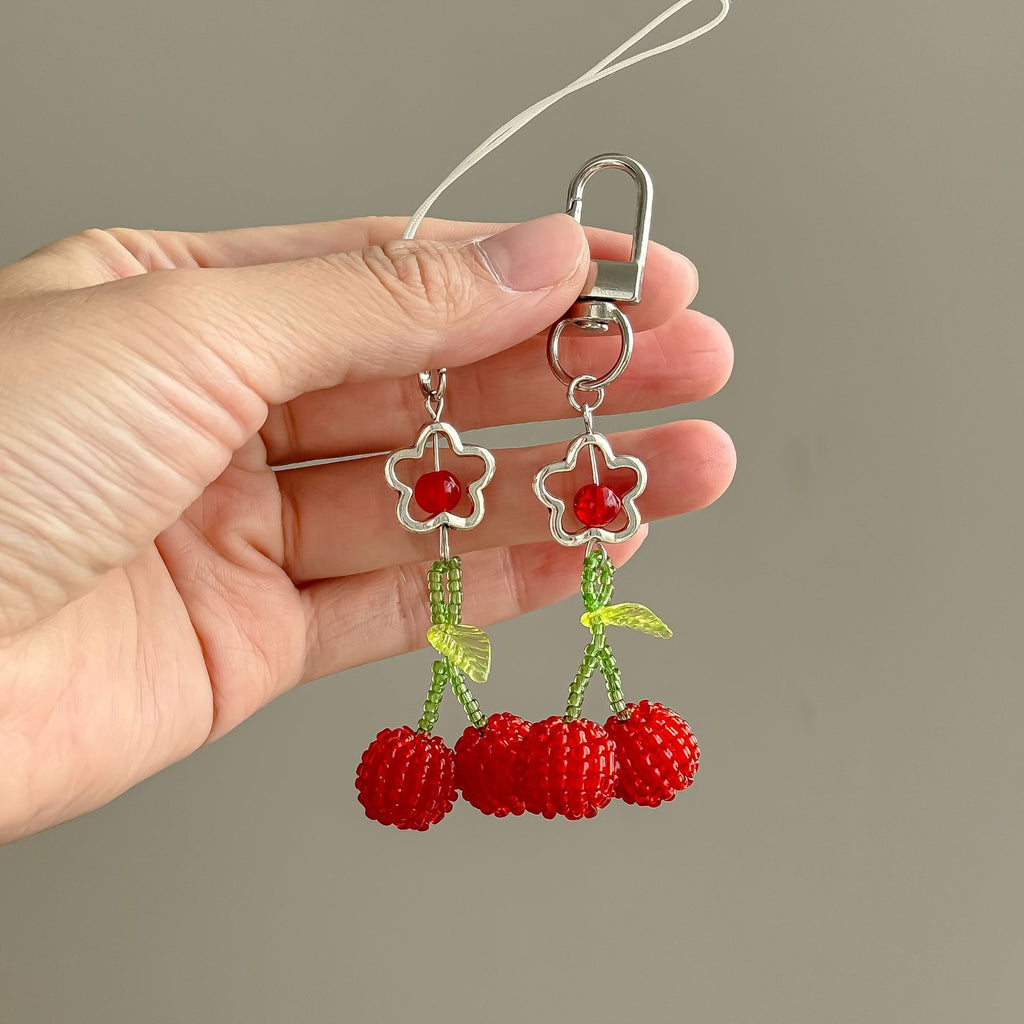 Beaded Cherry Phone Charm Glass Red Green 6cm 2pcs 3