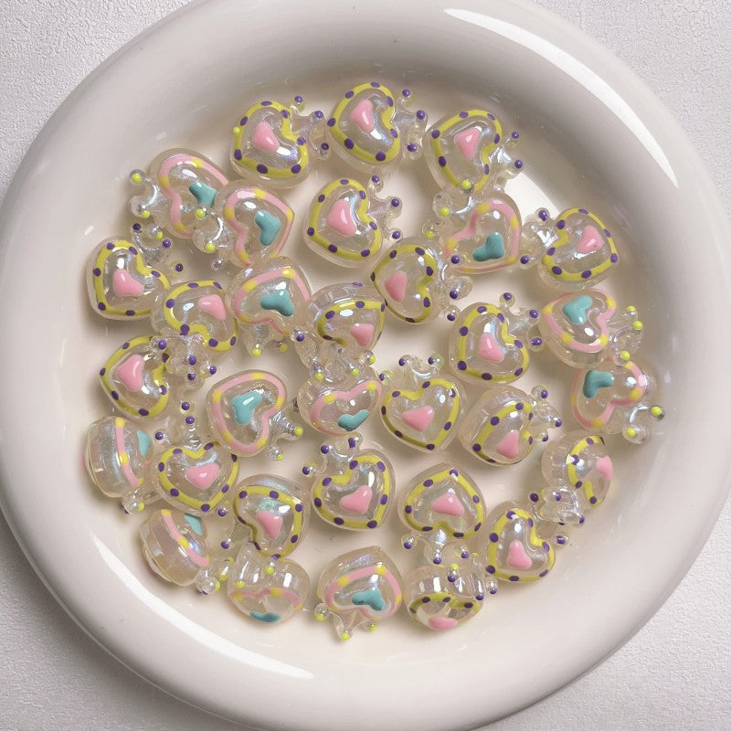 Glow Hand-Painted Heart Crown Acrylic Beads 25mm Pastel 2pcs 4