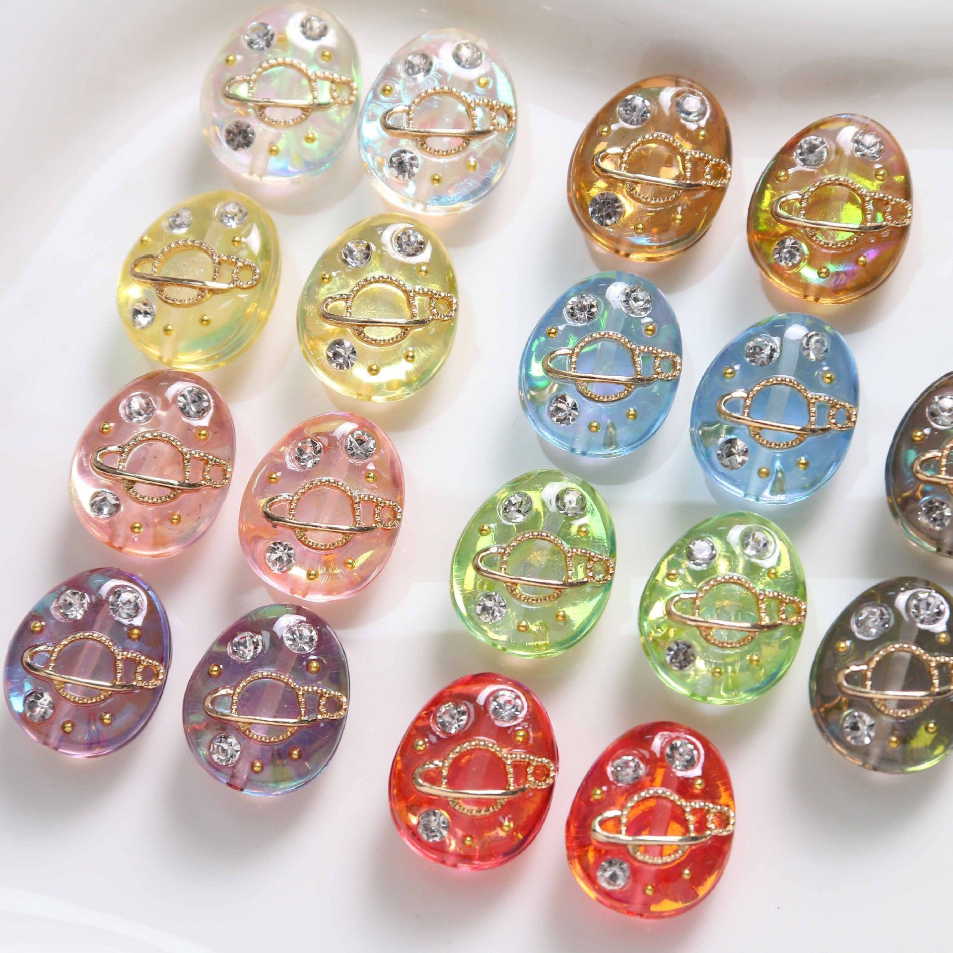 Oval Resin Rhinestone Beads 17x14mm Planet Pattern 5pcs