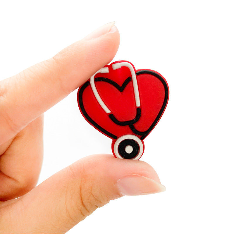 Silicone Focal Beads Nurse Heart With Stethoscope Design 10pcs 3