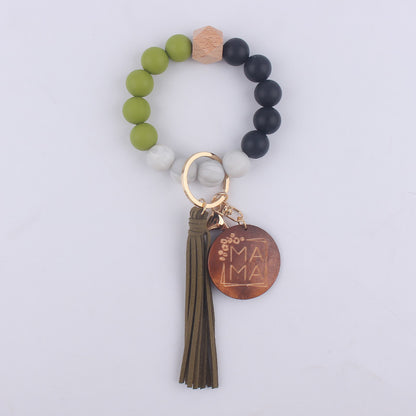 Silicone Bead Wristlet Keychain with Wood Tag and Leather Tassel MAMA 11