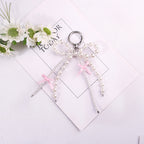 Pearl Bow Keychain Pink Satin Ribbon Resin Metal 2pcs 4