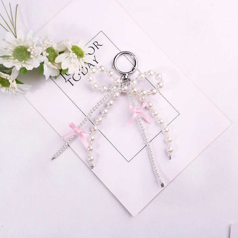 Pearl Bow Keychain Pink Satin Ribbon Resin Metal 2pcs 4