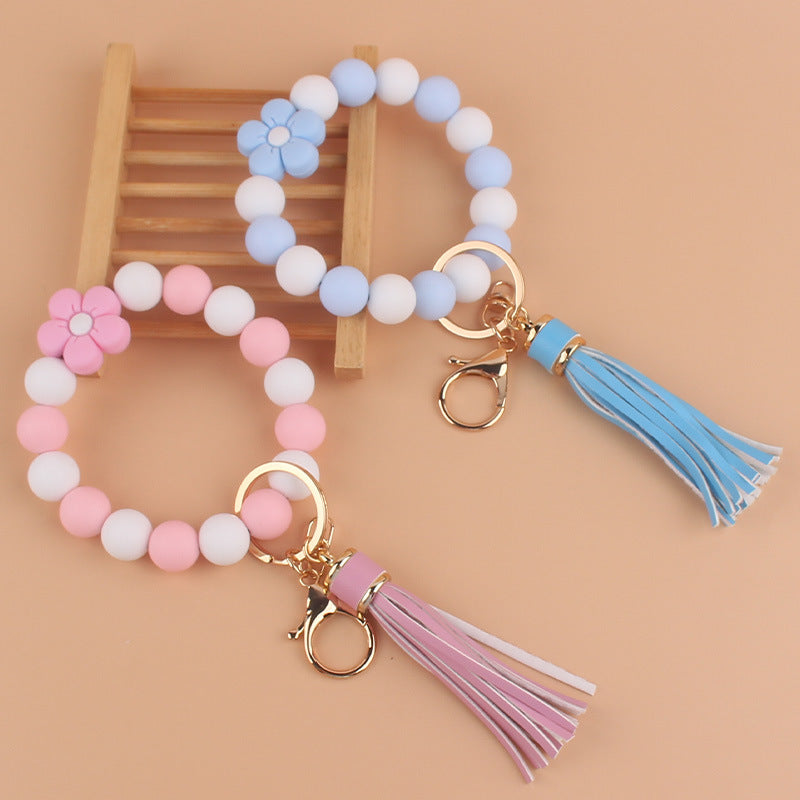 Colorful Flower Silicone Bead Wristlet Keychain with Leather Tassel 3